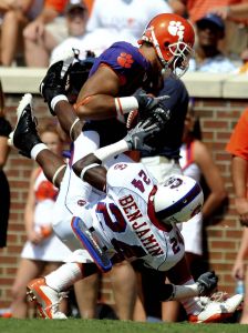 Clemson's Durrell Barry comes down with reception while South Carolina State's Desmond Benjamin (24) hangs on during an NCAA college football game Saturday, Sept. 20, 2008, in Clemson, S.C. The pass was called out of bounds. (AP Photo/Richard Shiro)
