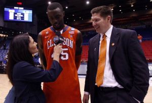 Head Coach Brad Brownell and Jerai Grant with CBS Sideline Reporter Tracy Wolfson