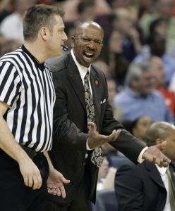 Oliver Purnell argues a call with an official during the first half against Duke. (AP Photo/Steve Helber