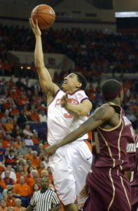 Clemson's Vernon Hamilton (3) goes up for a shot around Boston College's Tyrelle Blair during a college basketball game Saturday, Jan. 20, 2007, in Clemson, S.C. Clemson defeated Boston College 74-54. (AP Photo/Emily Horos)