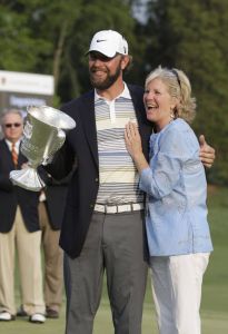lucas glover trophy with mom, hershey glover, wells fargo championship 050811 photo credit tyler smith - ai wire