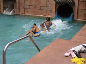 David Potter and Raymond Sykes enjoy the Serpent Slide on Sunday.