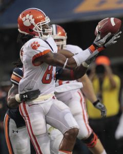 Auburn's Josh Bynes, rear, breaks up a pass to Clemson's Terrence Ashe (87) in the first quarter of their NCAA college football game at Jordan-Hare Stadium in Auburn, Ala., Saturday, Sept. 18, 2010. (AP Photo/Dave Martin)