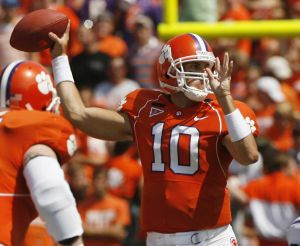 Clemson quarterbacl Cullen Harper throws a pass against Furman during a college football game in Clemson, S.C., Saturday, Sept. 15, 2007. (AP Photo/Patrick Collard)