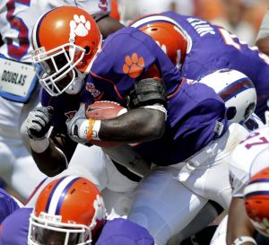 Clemson's James Davis (1) rushes for a 1-yard touchdown late in the second quarter against South Carolina State in an an NCAA college football game Saturday, Sept. 20, 2008, in Clemson, S.C. (AP Photo/Richard Shiro)