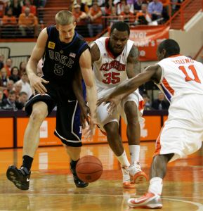Duke's Mason Plumlee (5) looses control of the ball as Clemson's Trevor Booker (35) forces the turnover with Andre Young (11) during the first half of their NCAA college basketball game Saturday, Jan. 23,2010, at Littlejohn Coliseum in Clemson, S.C. (AP Photo/Mary Ann Chastain)