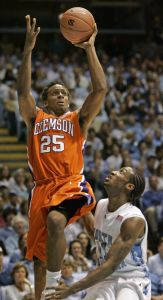 Clemson's Cliff Hammonds (25) shoots over North Carolina's Quentin Thomas during the second half of a college basketball game in Chapel Hill, N.C., Sunday, Feb. 10, 2008. North Carolina won 103-93 in double overtime. (AP Photo/Gerry Broome)