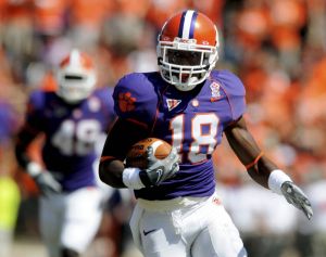Clemson's Crezdon Butler (18) returns an interception for 47 yards during the second quarter against South Carolina State in an NCAA college football game Saturday, Sept. 20, 2008, in Clemson, S.C. (AP Photo/Richard Shiro)