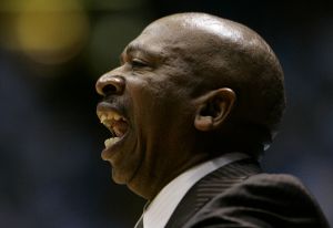 Clemson coach Oliver Purnell yells to his team during the first half of a college basketball game against North Carolina in Chapel Hill, N.C., Sunday, Feb. 10, 2008. North Carolina won 103-93 in double overtime. (AP Photo/Gerry Broome)