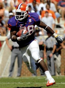 Clemson's C.J. Spiller cuts upfield on a rush during the second quarter against South Carolina State in an NCAA college football game Saturday, Sept. 20, 2008, in Clemson, S.C. (AP Photo/Richard Shiro)