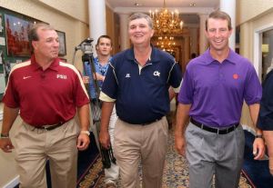 Dabo Swinney, Paul Johnson and Jimbo Fisher at the 2011 ACC Football Kickoff on Monday in Pinehurst, NC.