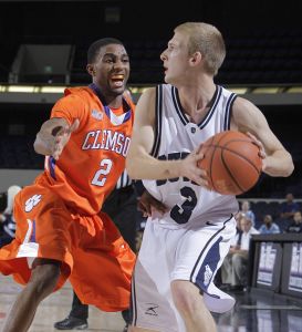 Clemson's Demontez Stitt, left, pressures Butler's Zach Hahn during the first half of an NCAA college basketball game in the 76 Classic in Anaheim, Calif., Sunday, Nov. 29, 2009.