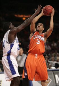 Clemson's Vernon Hamilton, right, looks for a shot past Air Force's Dan Nwaelele during the first half of basketball game Tuesday, March 27, 2007 during the National Invitation Tournament at Madison Square Garden in New York. (AP Photo/Seth Wenig)