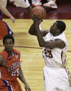 Florida State's Toney Douglas shoots over Clemson's Cliff Hammonds during a basketball game which Florida State won 64-55 on Tuesday, Feb. 19, 2008, in Tallahassee, Fla. Douglas scored 23 points. (AP Photo/Steve Cannon)
