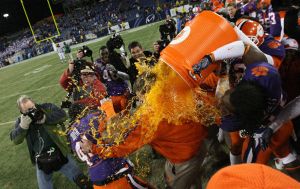 Head Coach Dabo Swinney gets doused with Gatorade following the Tigers' win over Kentucky in the Music City Bowl.