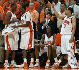 Trevor Booker, left, is greeted by teammates as he leaves the game at the end of a second-round NIT game against Mississippi in Clemson, S.C., Monday, March 19, 2007. (AP Photo/Independent-Mail, Sefton Ipock)