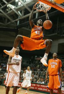 Clemson's Jerai Grant scores as Miami's Adrian Thomas, left, looks on during the second half. (AP Photo/Jeffrey M. Boan)