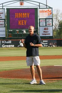 Jimmy Key throws out the first pitch on Saturday.