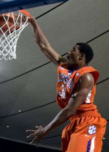 Clemson forward/center Devin Booker dunks the ball against Long Beach State during the second half of a NCAA college basketball game in the 76 Classic in Anaheim, Calif., Friday, Nov. 27, 2009. Clemson won 87-79. (AP Photo/Chris Carlson)
