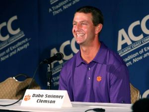 Dabo Swinney talks to the television media at the 2011 ACC Football Kickoff on Monday in Pinehurst, NC.
