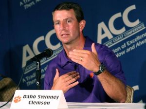 Dabo Swinney talks to the television media at the 2011 ACC Football Kickoff on Monday in Pinehurst, NC.