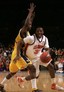 Clemson's Sam Perry drives past West Virginia's Frank Young in the first half. (AP Photo/Frank Franklin II)