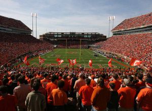 field from top of hill with flags cheer