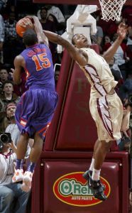 Clemson's Devin Coleman (15) attempts to strip Florida State's Xavier Gibson (1) of a rebound during the second half. (AP Photo/Phil Sears)