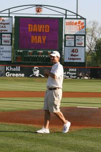 David May throws out the first pitch on Saturday.