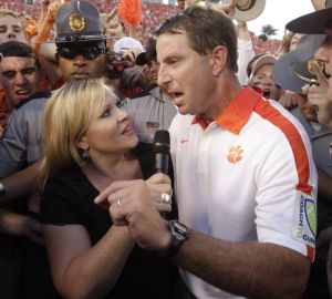 Head Coach Dabo Swinney and ESPN Sideline Reporter Holly Rowe