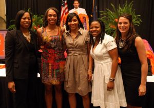 Head Coach Itoro Coleman, Graduate Manager Morganne Campbell, Assistant Coach Karleen Thompson, Assistant Coach Yolett McPhee-McCuin and Assistant Coach Jayme Callahan