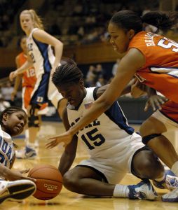 Duke's Bridgette Mitchell (15) and Keturah Jackson, left, battle for a loose ball over Clemson's Adrianne Bradshaw, right, in the second half of a basketball game in Durham, N.C., on Monday, Feb. 5, 2007. Duke won 105-53 over Clemson. (AP Photo/Sara D. Davis)