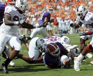 Clemson's James Davis scores on a 1-yard rush in the first quarter against South Carolina State an NCAA college football game Saturday, Sept. 20, 2008, in Clemson, S.C. (AP Photo/Richard Shiro)