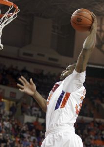 Clemson forward Trevor Booker pulls back for a breakaway dunk during the first half of an NCAA college basketball game against Western Carolina, Tuesday, Dec. 22, 2009, at Littlejohn Coliseum, in Clemson, S.C. (AP Photo/Brett Flashnick)