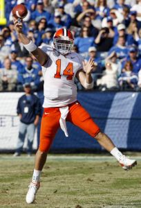 Clemson quarterback Will Proctor (14) passes against Kentucky in the first quarter of the Music City Bowl football game in Nashville, Tenn. on Friday, Dec. 29, 2006. (AP Photo/John Russell)