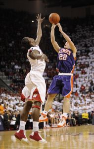 Clemson's Terrence Ogelsby (22) shoots against Maryland's James Gist, left, during the first half (AP Photo)