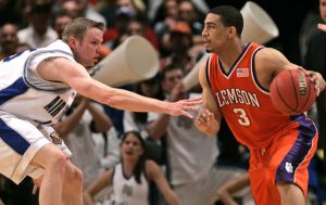 Clemson's Vernon Hamilton (3) drives past Air Force's Nick Welch during the first half of basketball action Tuesday, March 27, 2007 during the Semifinal round of the National Invitation Tournament at Madison Square Garden in New York. (AP Photo/Frank Franklin II)