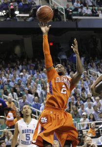 Clemson's Demontez Stitt (2) gets off a shot in the second half of an NCAA college basketball game at the Atlantic Coast Conference tournament, Saturday, March 12, 2011, in Greensboro, N.C. (AP Photo/Gerry Broome)