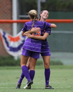 Jenna Polonsky congratulated teammate Liska Dobberstein after Dobberstein scored her second goal of the game against North Florida on Sunday.