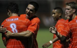 Manolo Sanchez and Ara Amirkhanian celebrate Sanchez?s goal against Wake Forest on Friday.