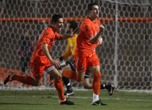 Manolo Sanchez and Ara Amirkhanian celebrate Sanchez?s goal against Wake Forest on Friday.