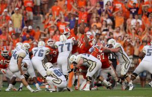 Josh Watson blocks a Georgia Tech field goal attempt in the fourth quarter.