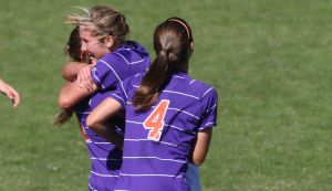 The Tigers celebrate Jenna Polonsky's game-winning goal against NC State.