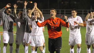 The Tigers celebrate after winning the penalty kick round against Boston College to advance to the 2012 ACC Tournament semifinals.