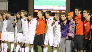 The Tigers sing the Clemson Alma Mater after advancing to the 2012 ACC Tournament semifinals by winning in penalty kicks over Boston College.