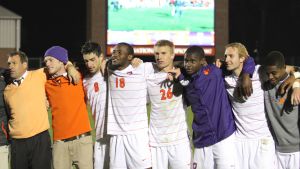 The Tigers sing the Clemson Alma Mater after advancing to the 2012 ACC Tournament semifinals by winning in penalty kicks over Boston College.