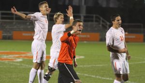 The Tigers celebrate after winning the penalty kick round against Boston College to advance to the 2012 ACC Tournament semifinals.