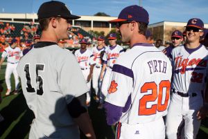 Illinois natives Jack Fischer (#15) and Scott Firth (#20) talk before Clemson?s series-opener against Wake Forest on Friday.