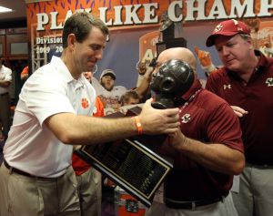 Head Coach Dabo Swinney with the O'Rourke-McFadden Trophy