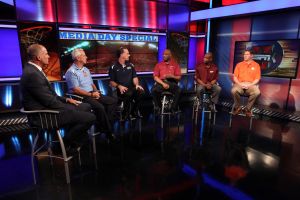 Head Coach Brad Brownell on the ESPNU set with Host Jay Bilas, Roy Williams, Jamie Dixon, Leonard Hamilton and James Johnson